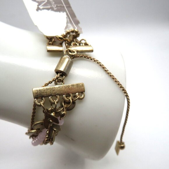 Canvas Bracelet Multi Layer Gold Tone Chains Pink Beads Adjustable Slide New - Picture 7 of 12